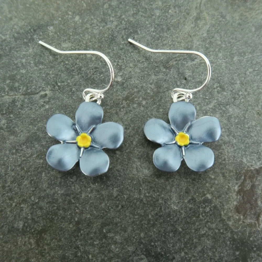 Alexander Thurlow Forget Me Not Blue Flower Drop Hook Earrings Silver Plated